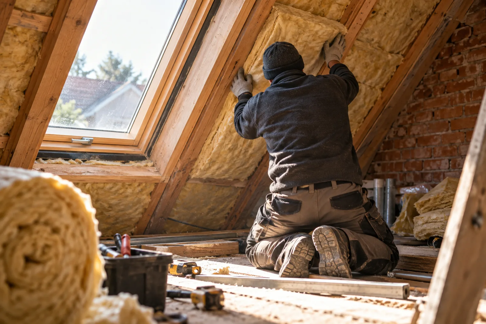 Handwerker dämmt das Dach eines alten Backsteinhauses, Sanierung statt Rechenarbeit beim Energieausweis, energiepass BREMEN