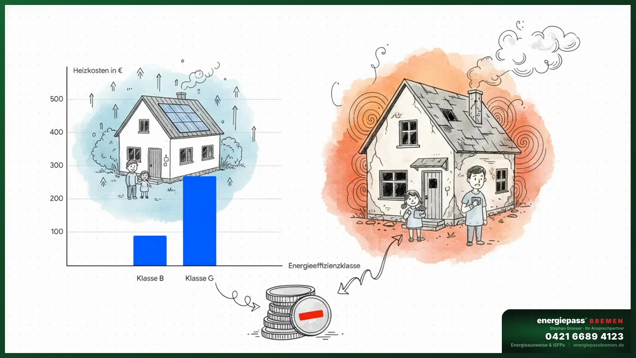 Heizkosten-Vergleich Klasse B vs. Klasse G — monatlich 180 Euro Differenz bei Bremer Reihenhaus