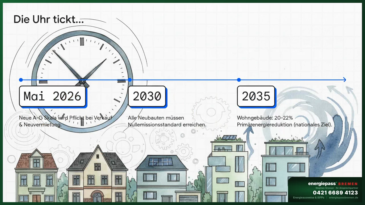 Regulatorischer Zeitplan Effizienzklassen 2026 bis 2050 — MEPS und Sanierungsziele