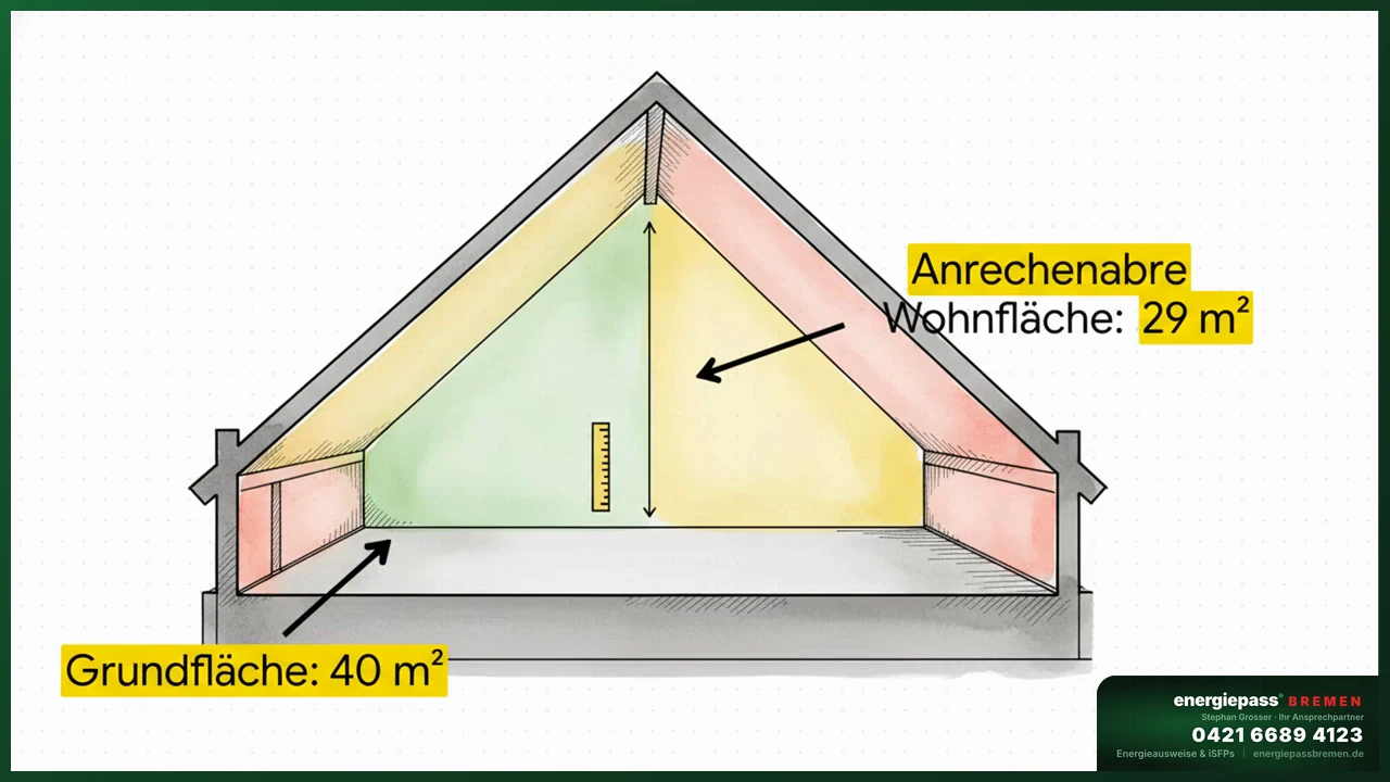 Rechenbeispiel Dachgeschoss 40 Quadratmeter Grundfläche zu 29 Quadratmeter Wohnfläche